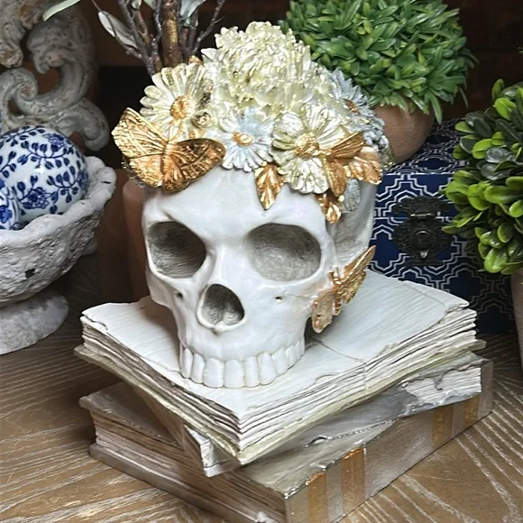 NEW! Vintage Inspired Skull Floral & Butterfly Halloween Ceramic Book Stack - Picture 12 of 12